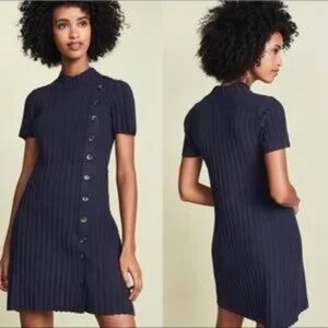 Free People Navy Ribbed Knit Button Front Collared Dress Size MEDIUM Very Soft